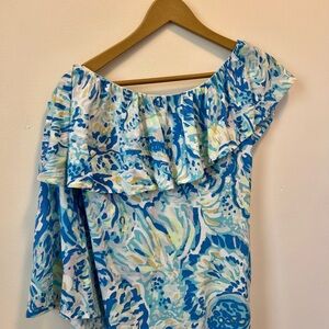 Lilly Pulitzer Blue and White Ruffle Off Shoulder Blouse